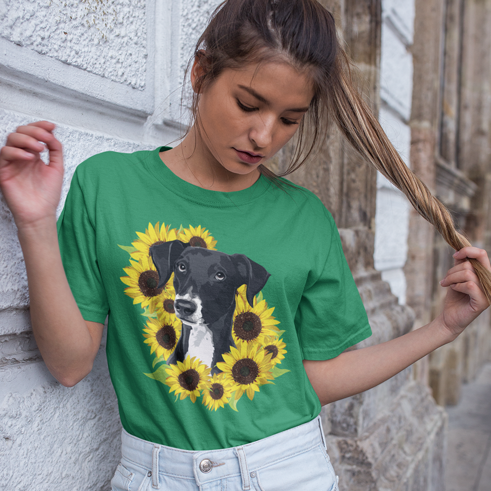 Marley Dog in Sunflowers Garment-Dyed T-shirt with Black Lab and Sunflower Art Print