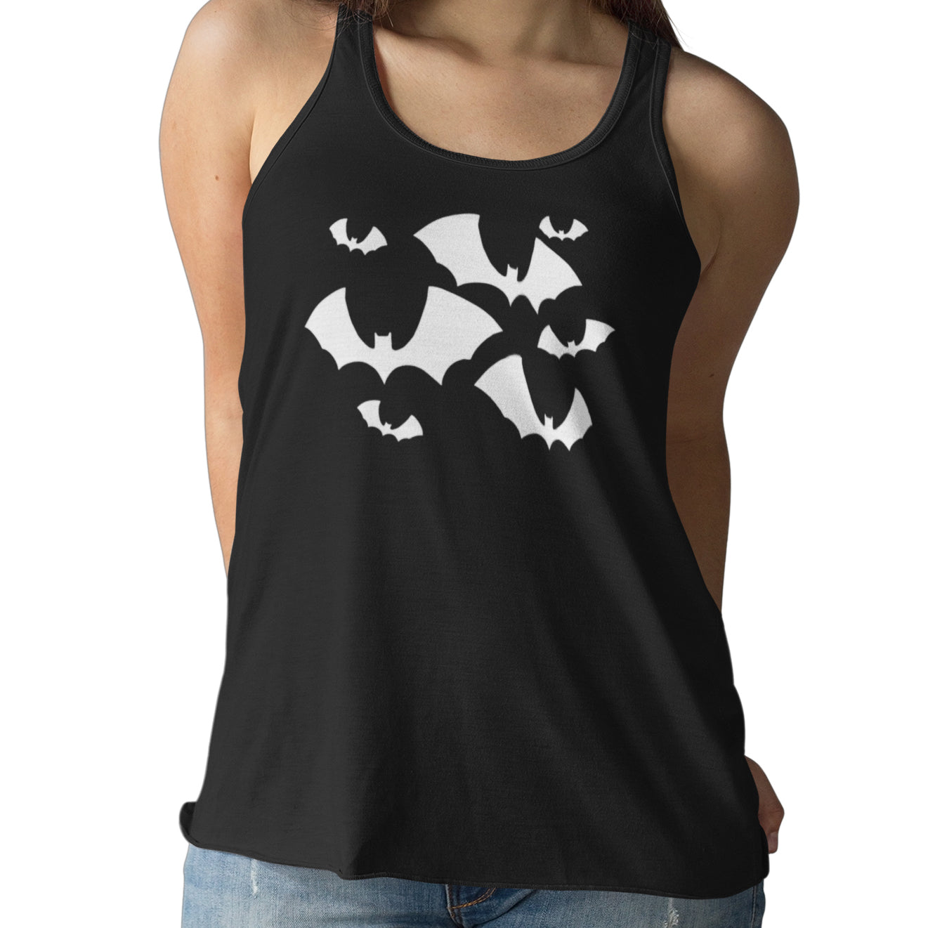 Black Bats Tank Top Women's Halloween Goth Racerback Tank with Flying Bat Print