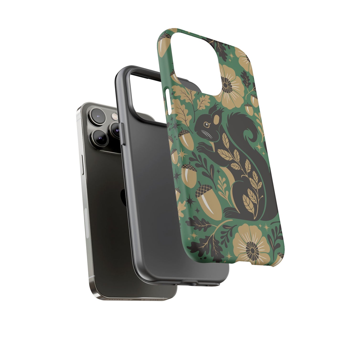 Green Squirrel Floral Pattern Cell Phone Case | Botanical Folk Art Acorn Leaves Design, Iphone Google Pixel Samsung Cases Matte Finish