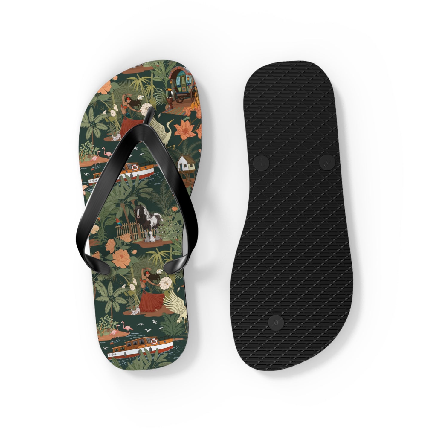 Tropical Nomad Floral Island Flip Flops | Vintage Travel Birds Pattern Sandals