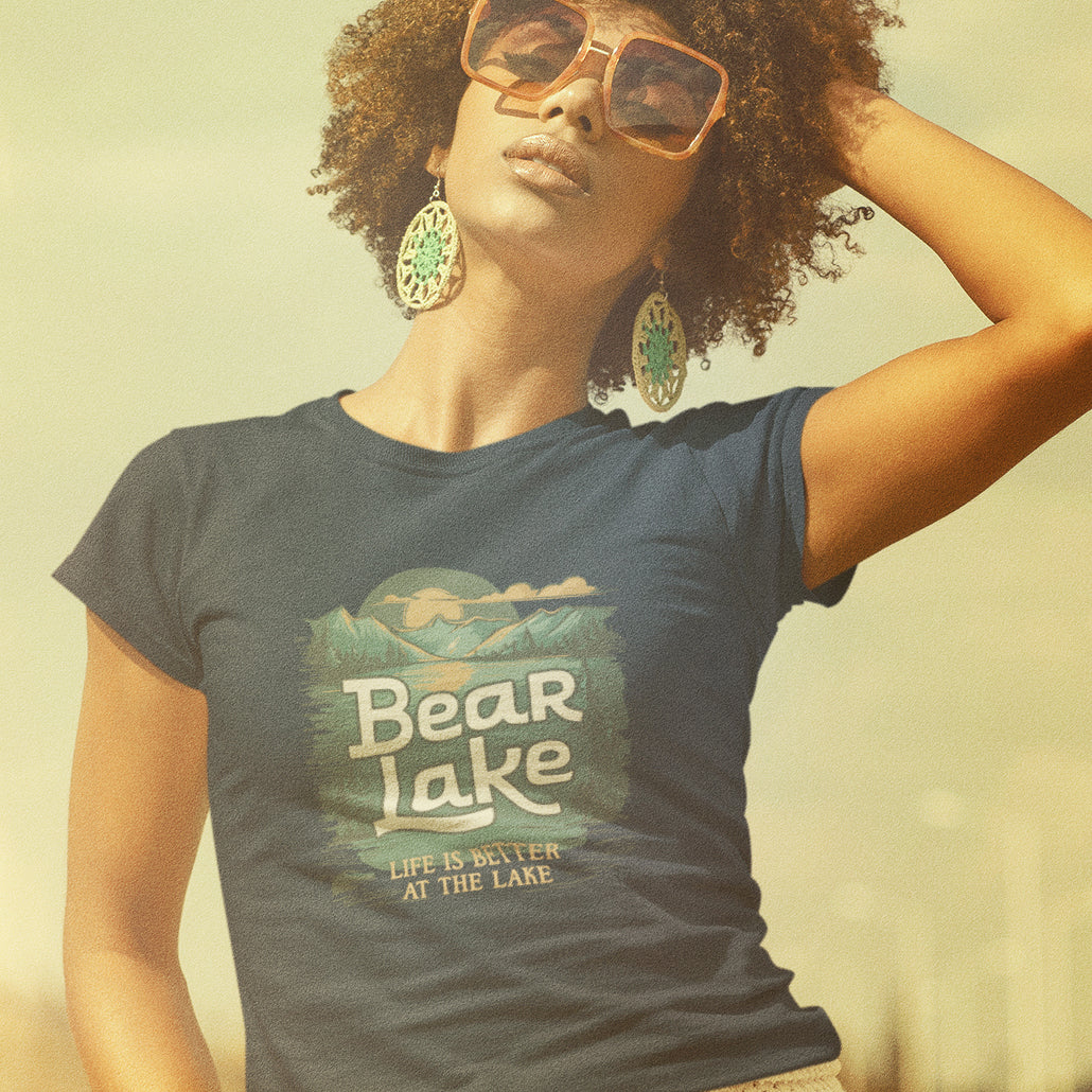 Bear Lake Summer Vacation Travel T-shirt Women's Favorite Fitted Cotton Tee with Scenic Mountain Lake View Short Sleeve Shirts