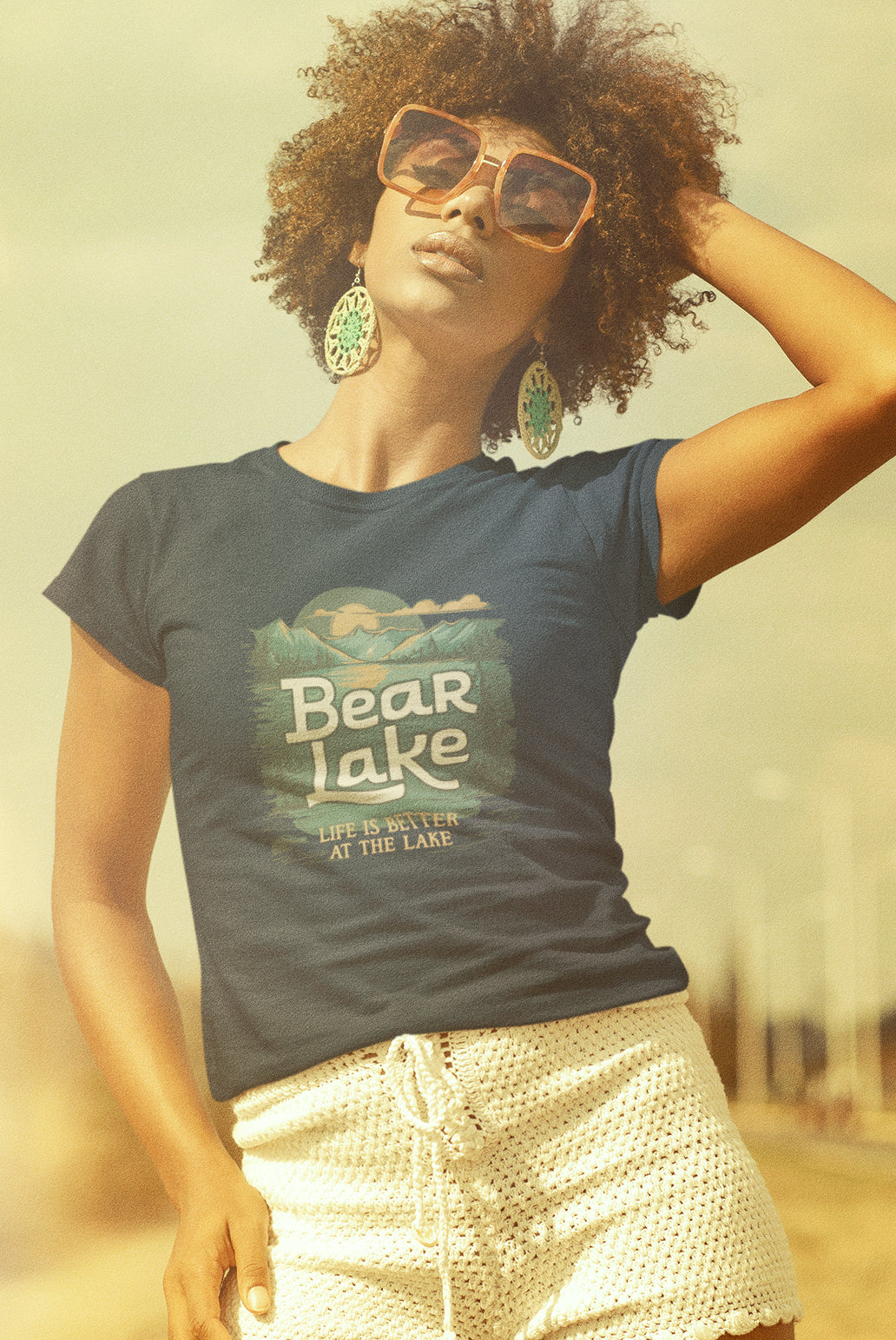 Bear Lake Summer Vacation Travel T-shirt Women's Favorite Fitted Cotton Tee with Scenic Mountain Lake View Short Sleeve Shirts