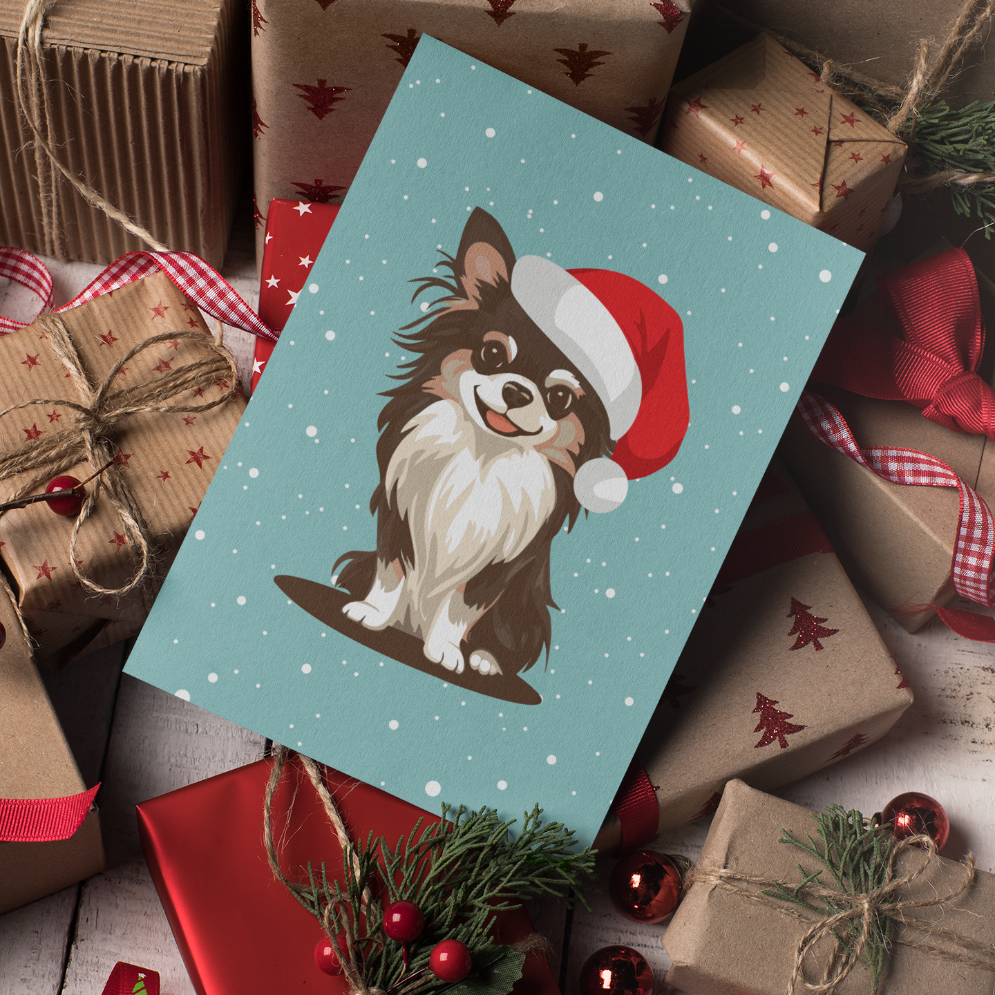 Christmas Koda Long Haired Chihuahua Dog Greeting Cards, Holiday Card 10, 30, or 50 Pack With Envelopes - Winter Dogs Santa Hat Artwork