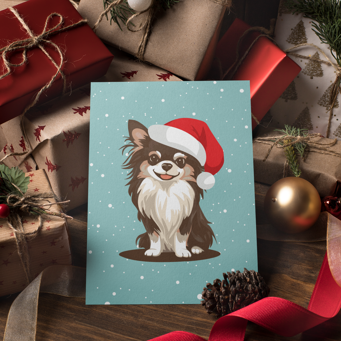 Christmas Koda Long Haired Chihuahua Dog Greeting Cards, Holiday Card 10, 30, or 50 Pack With Envelopes - Winter Dogs Santa Hat Artwork