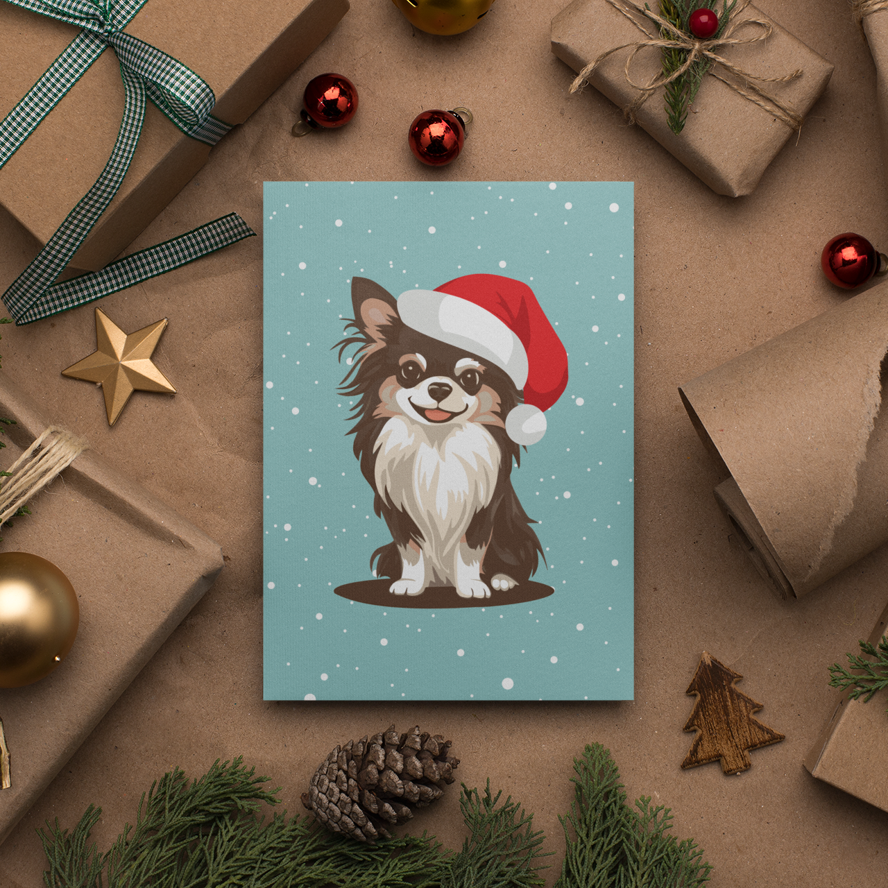 Christmas Koda Long Haired Chihuahua Dog Greeting Cards, Holiday Card 10, 30, or 50 Pack With Envelopes - Winter Dogs Santa Hat Artwork