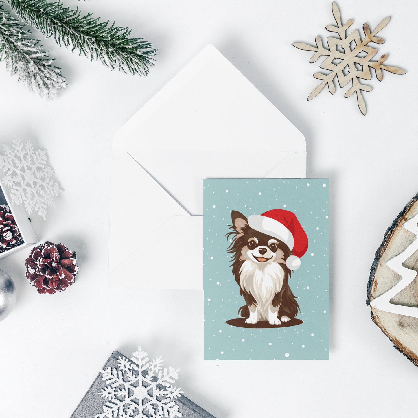 Christmas Koda Long Haired Chihuahua Dog Greeting Cards, Holiday Card 10, 30, or 50 Pack With Envelopes - Winter Dogs Santa Hat Artwork