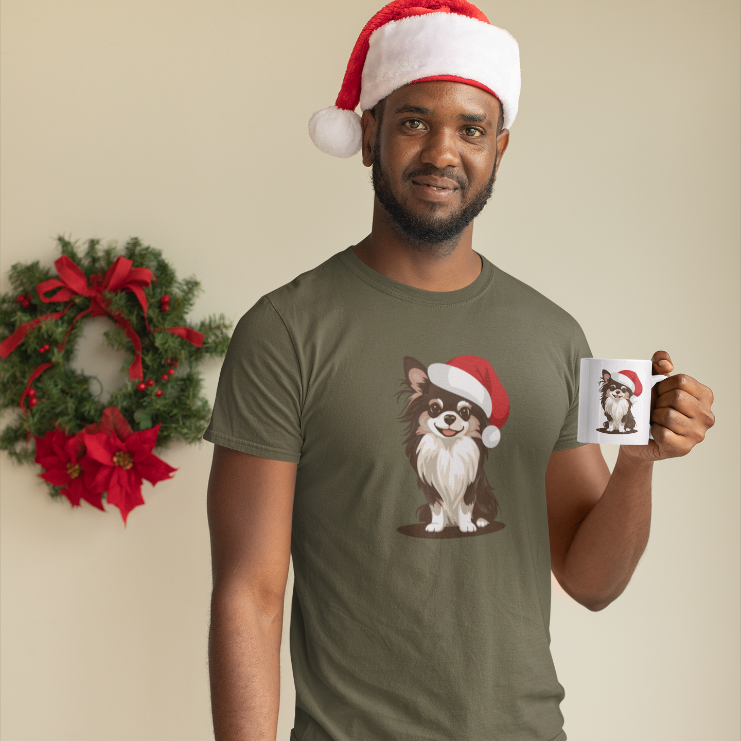 Christmas Long Haired Chihuahua Dog T-Shirt, Festive Holiday Xmas Pet Chihuahuas In Santa Hat Cotton Tee