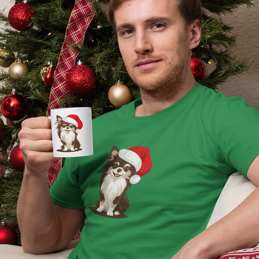 Christmas Long Haired Chihuahua Dog T-Shirt, Festive Holiday Xmas Pet Chihuahuas In Santa Hat Cotton Tee