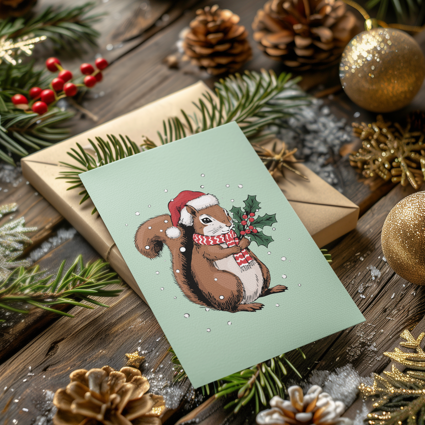 Christmas Squirrel Greeting Cards, Holiday Card 10, 30, or 50 Pack With Envelopes - Winter Squirrels Santa Hat Artwork