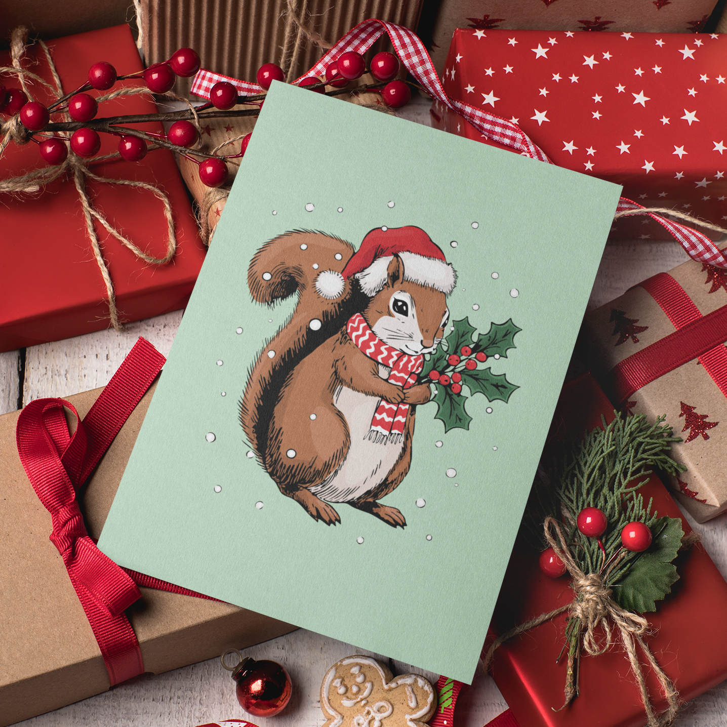 Christmas Squirrel Greeting Cards, Holiday Card 10, 30, or 50 Pack With Envelopes - Winter Squirrels Santa Hat Artwork