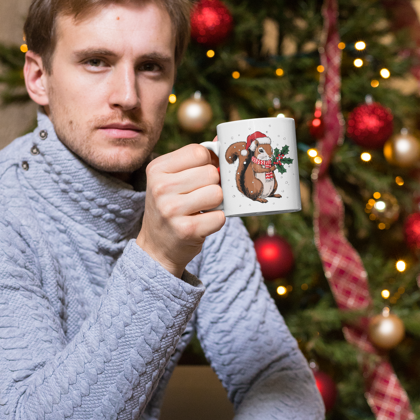 Christmas Squirrel Ceramic Mug, Festive Holiday Xmas Santa Squirrels Coffee Mug, Cute Snowy Winter Animal Tea Hot Chocolate Mug