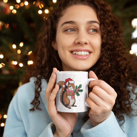 Christmas Squirrel Ceramic Mug, Festive Holiday Xmas Santa Squirrels Coffee Mug, Cute Snowy Winter Animal Tea Hot Chocolate Mug