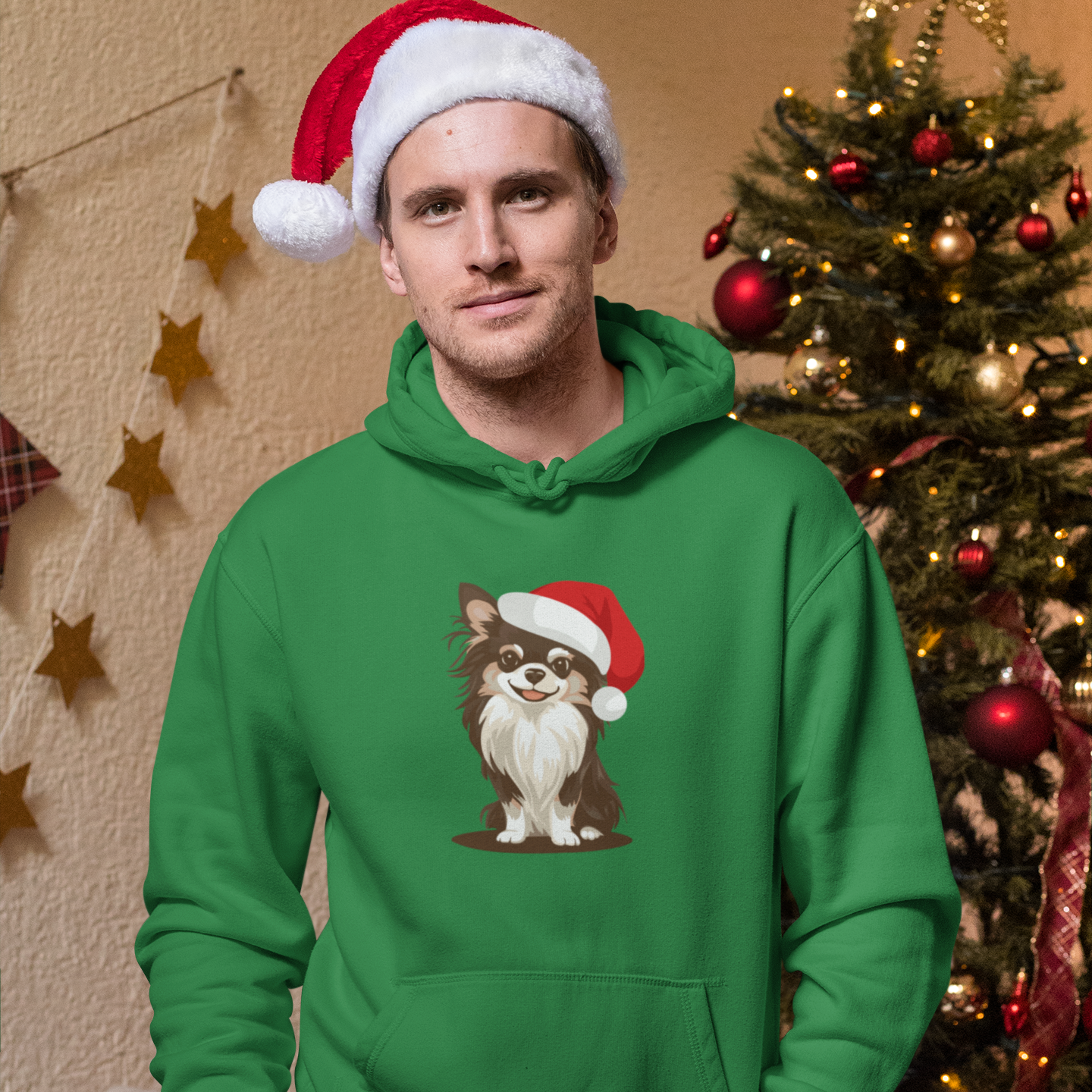 Christmas Long Haired Chihuahua Dog Pullover Hoodie, Festive Holiday Xmas Dogs In Santa Hat Hooded Sweatshirt, Winter Unisex Hoodies