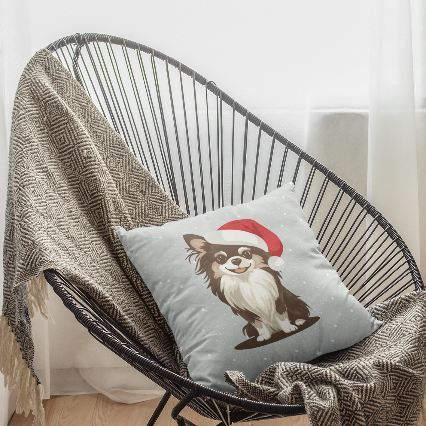 Christmas Long Haired Chihuahua Dog 14" or 16" Throw Pillow & Cover - Square Pillow Festive Holiday Xmas Dogs In Santa Hat Print