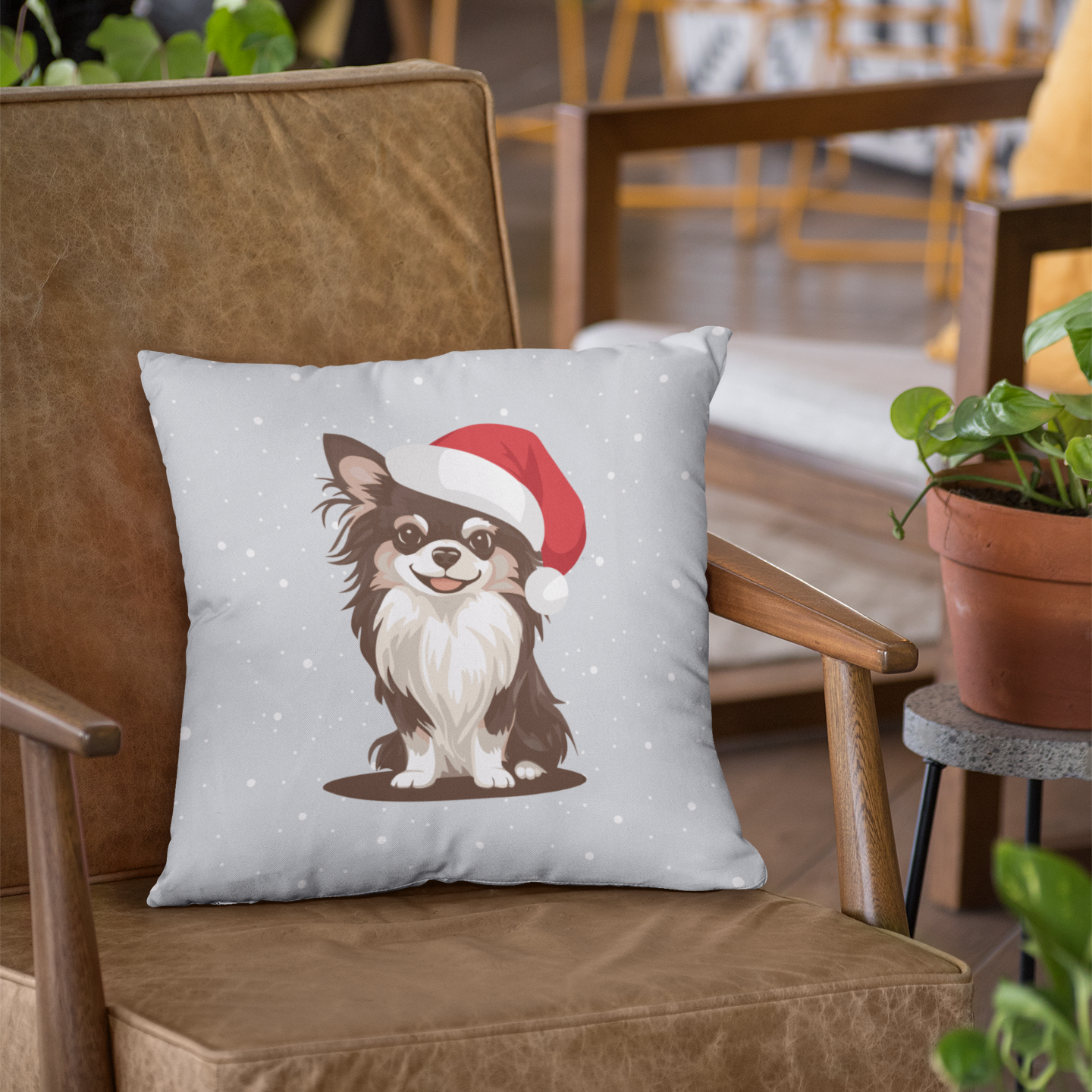 Christmas Long Haired Chihuahua Dog 14" or 16" Throw Pillow & Cover - Square Pillow Festive Holiday Xmas Dogs In Santa Hat Print