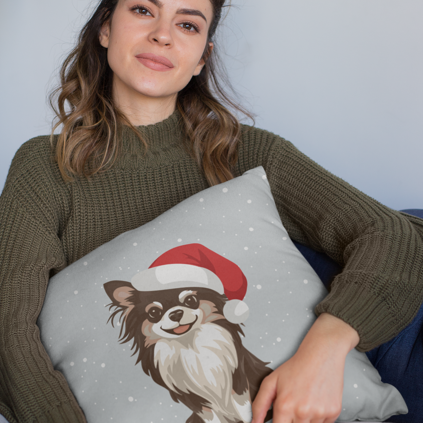 Christmas Long Haired Chihuahua Dog 14" or 16" Throw Pillow & Cover - Square Pillow Festive Holiday Xmas Dogs In Santa Hat Print