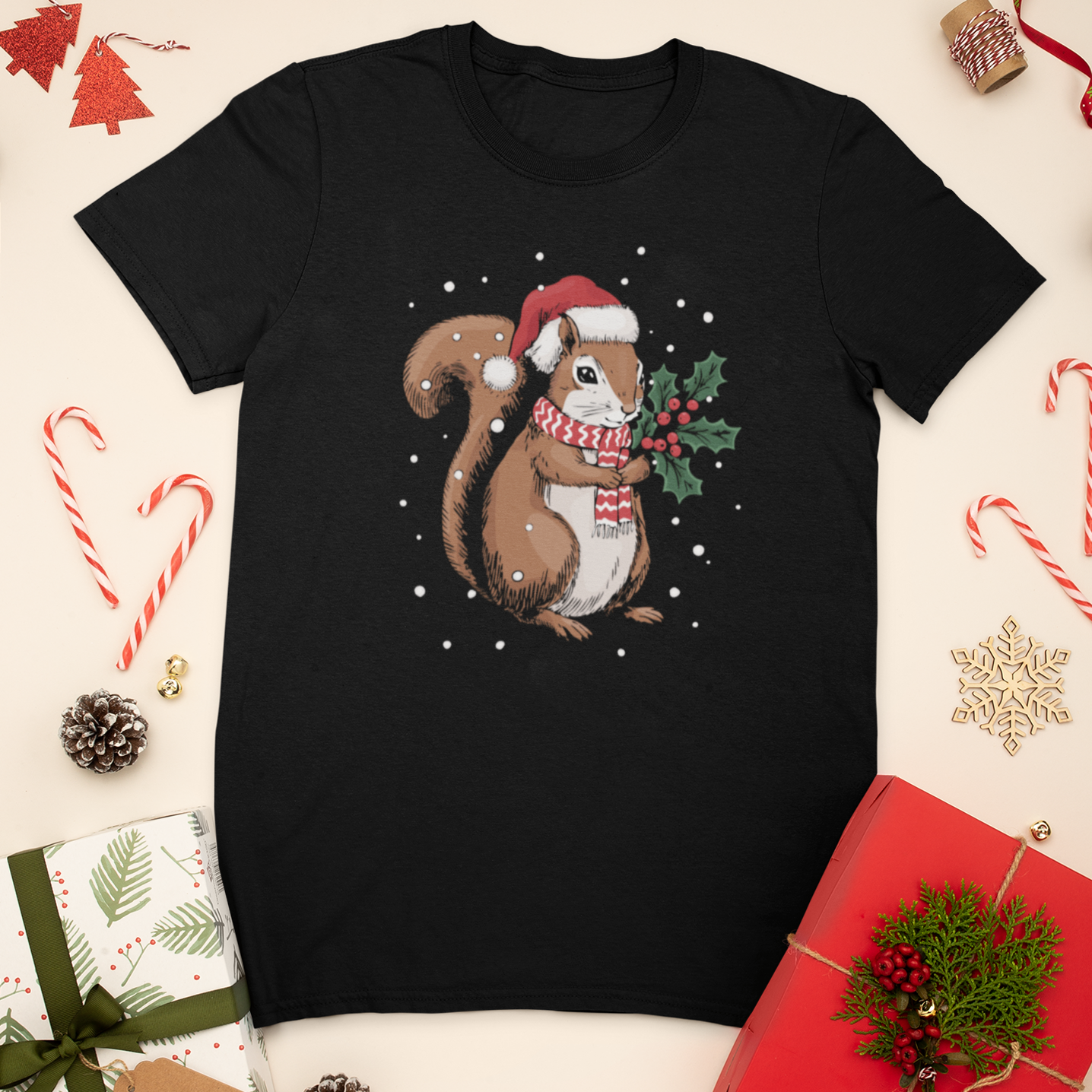 Christmas Squirrel T-Shirt, Festive Holiday Xmas Squirrels In Santa Hat Cotton Tee, Cute Snowy Winter Animal Short Sleeve Top Unisex