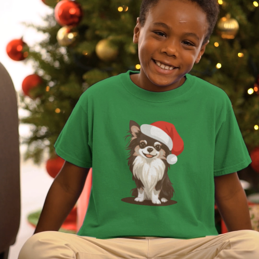 Christmas Long Haired Chihuahua Kids T-shirt, Festive Dog Holiday Xmas Santa Dogs Children's Tee, Winter Clothes Youth Boys Girls