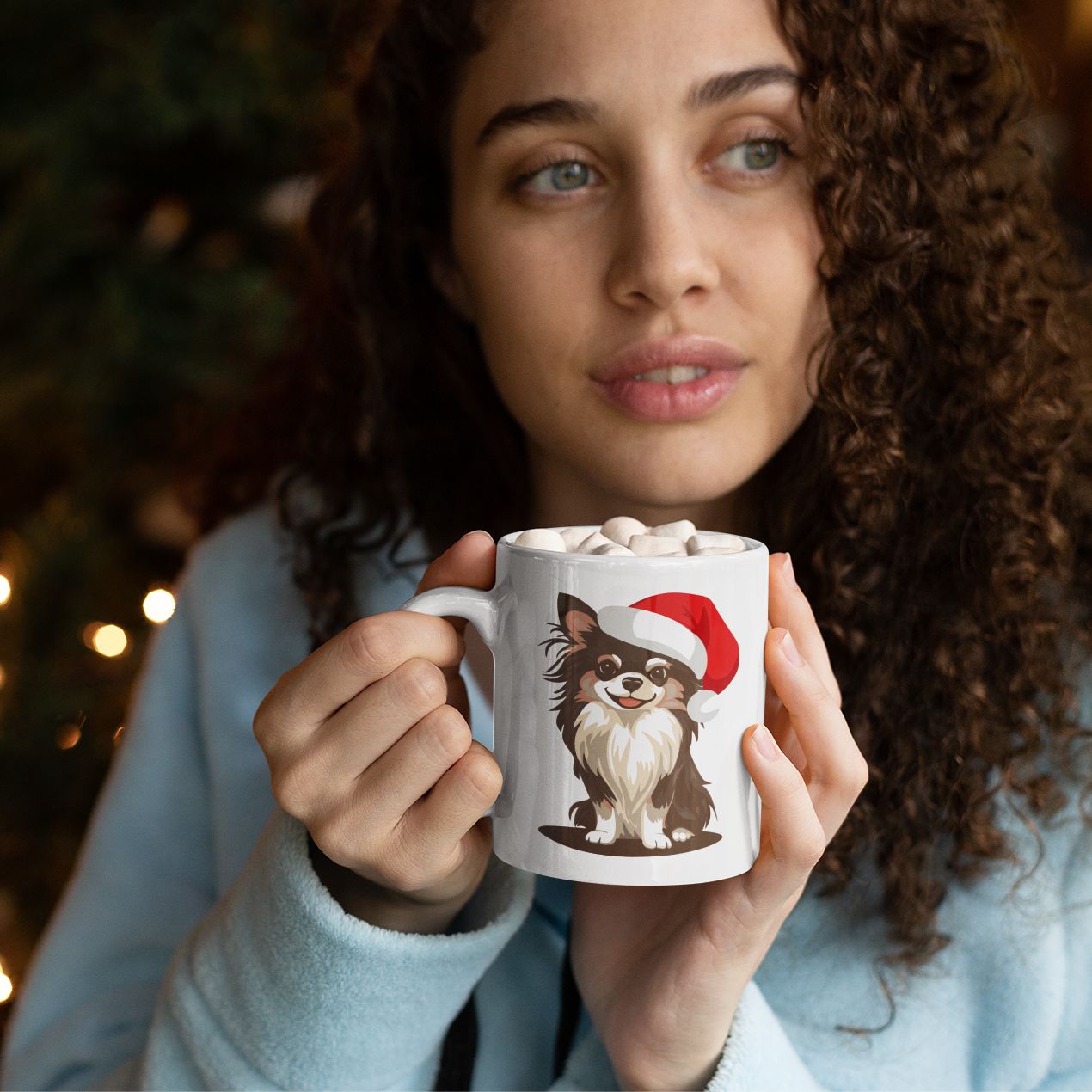 Christmas Long Haired Chihuahua Dog Ceramic Mug, Holiday Xmas Santa Dogs Coffee Mug, Cute Snowy Winter Puppy Tea Hot Chocolate Mug