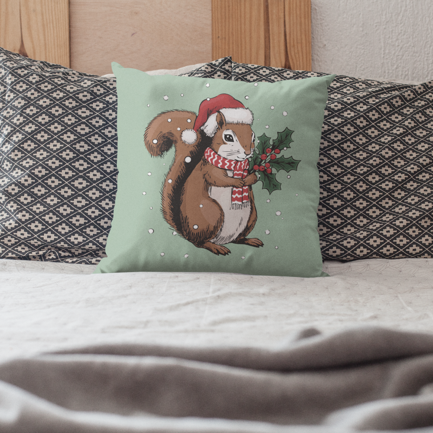 Christmas Squirrel  14"x14" Throw Pillow & Cover - Spun Polyester Square Pillow With Festive Holiday Xmas Squirrels In Santa Hat Print