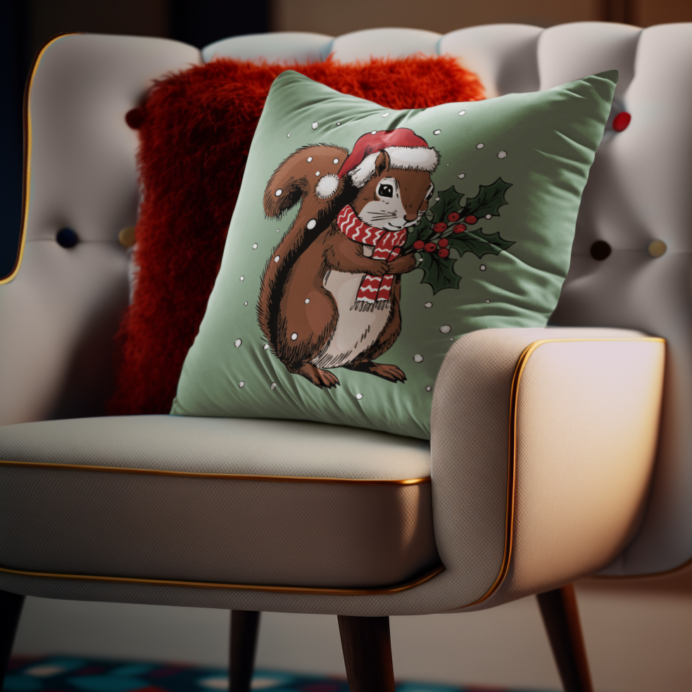 Christmas Squirrel  14"x14" Throw Pillow & Cover - Spun Polyester Square Pillow With Festive Holiday Xmas Squirrels In Santa Hat Print