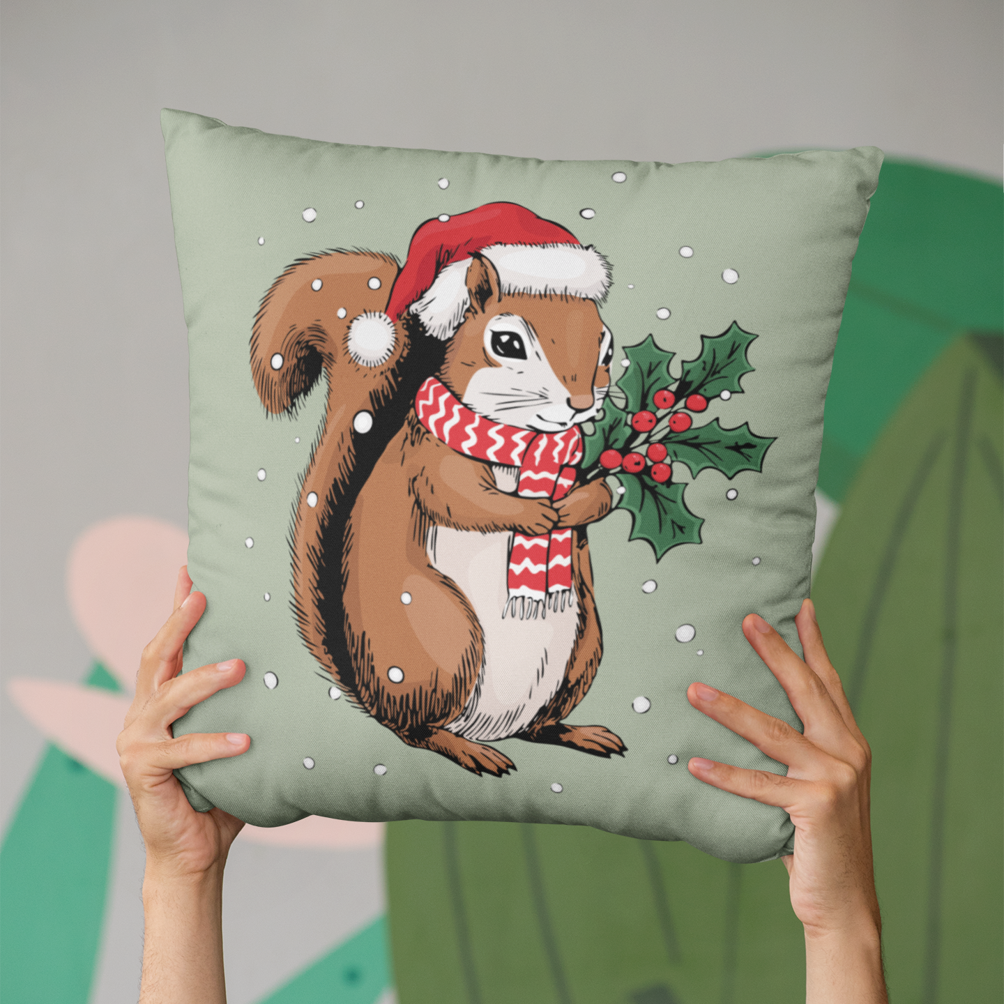 Christmas Squirrel  14"x14" Throw Pillow & Cover - Spun Polyester Square Pillow With Festive Holiday Xmas Squirrels In Santa Hat Print