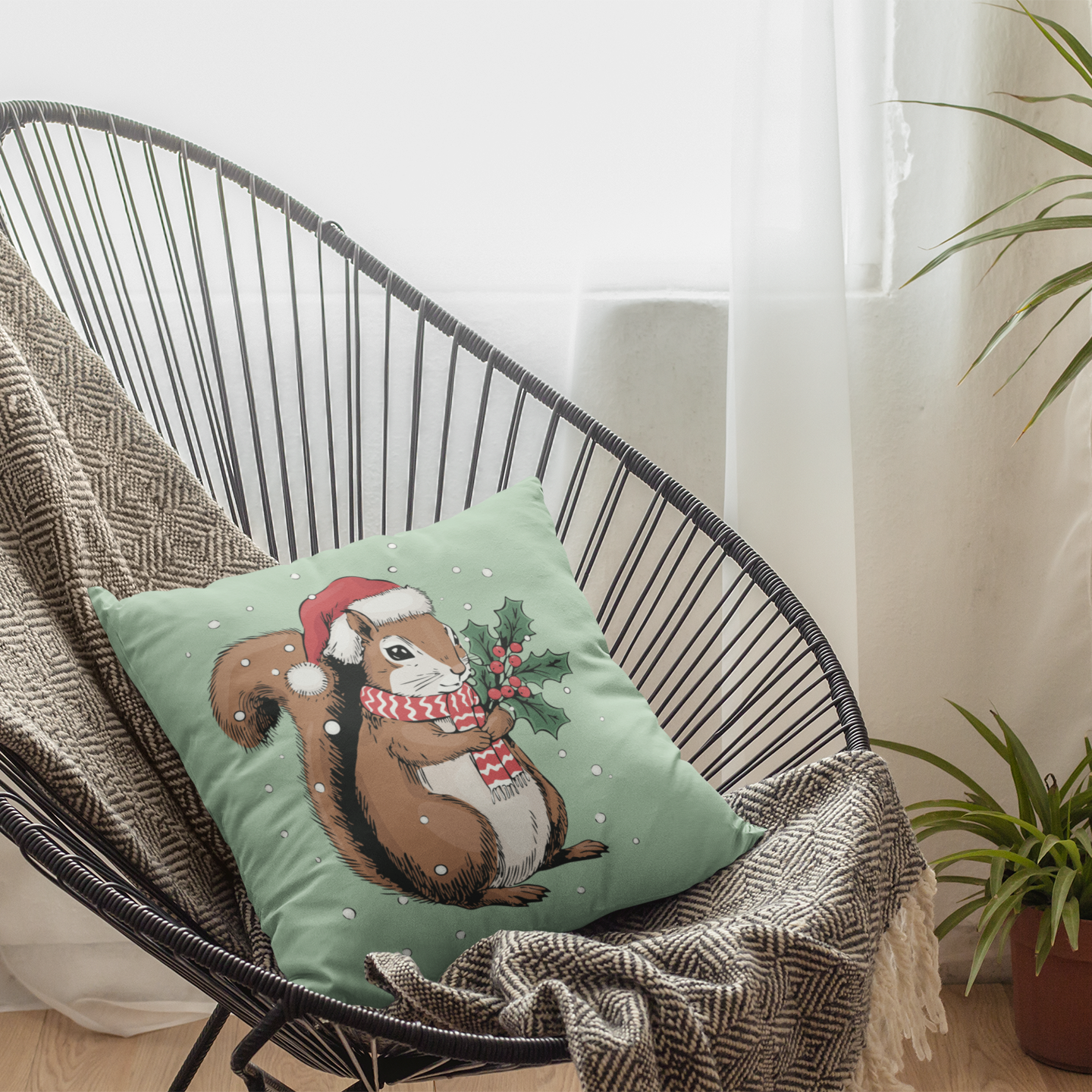 Christmas Squirrel  14"x14" Throw Pillow & Cover - Spun Polyester Square Pillow With Festive Holiday Xmas Squirrels In Santa Hat Print