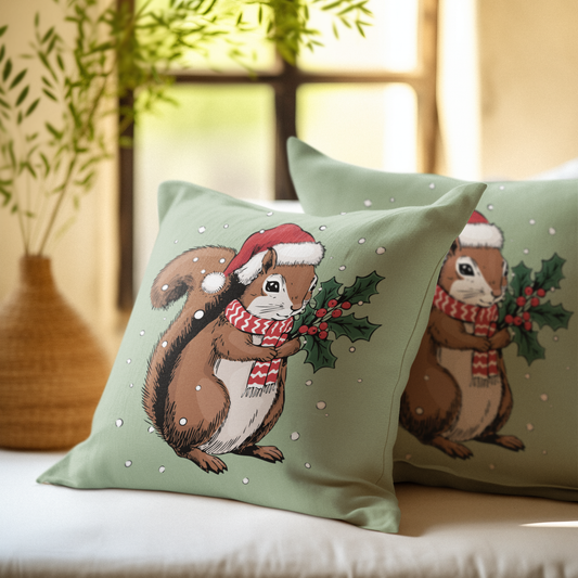 Christmas Squirrel  14"x14" Throw Pillow & Cover - Spun Polyester Square Pillow With Festive Holiday Xmas Squirrels In Santa Hat Print