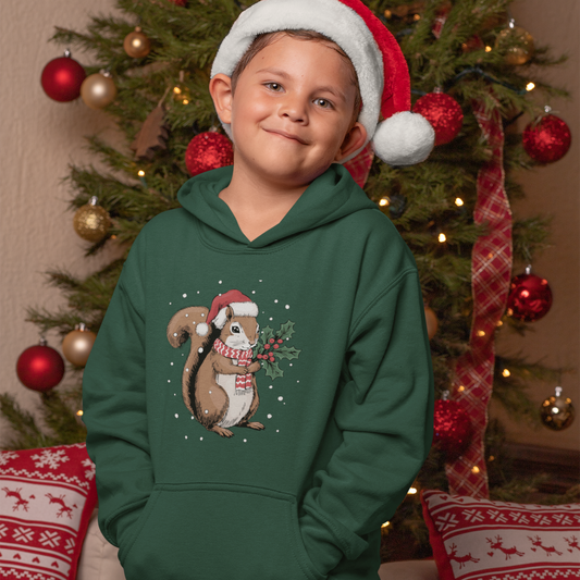 Christmas Squirrel Kids Pullover Hoodie, Festive Holiday Xmas Squirrels In Santa Hat Youth Hooded Sweatshirt, Cute Snowy Winter Childrens Hoodies