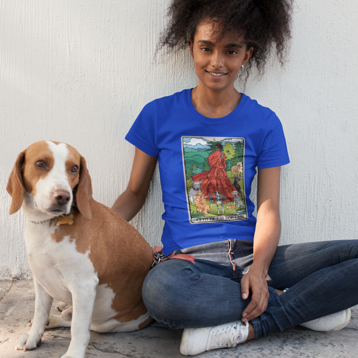 Childless Dog Lady Tarot Card Women's Fitted T-shirt Child-Free Dog Mom Tee with Woman and Dogs Design