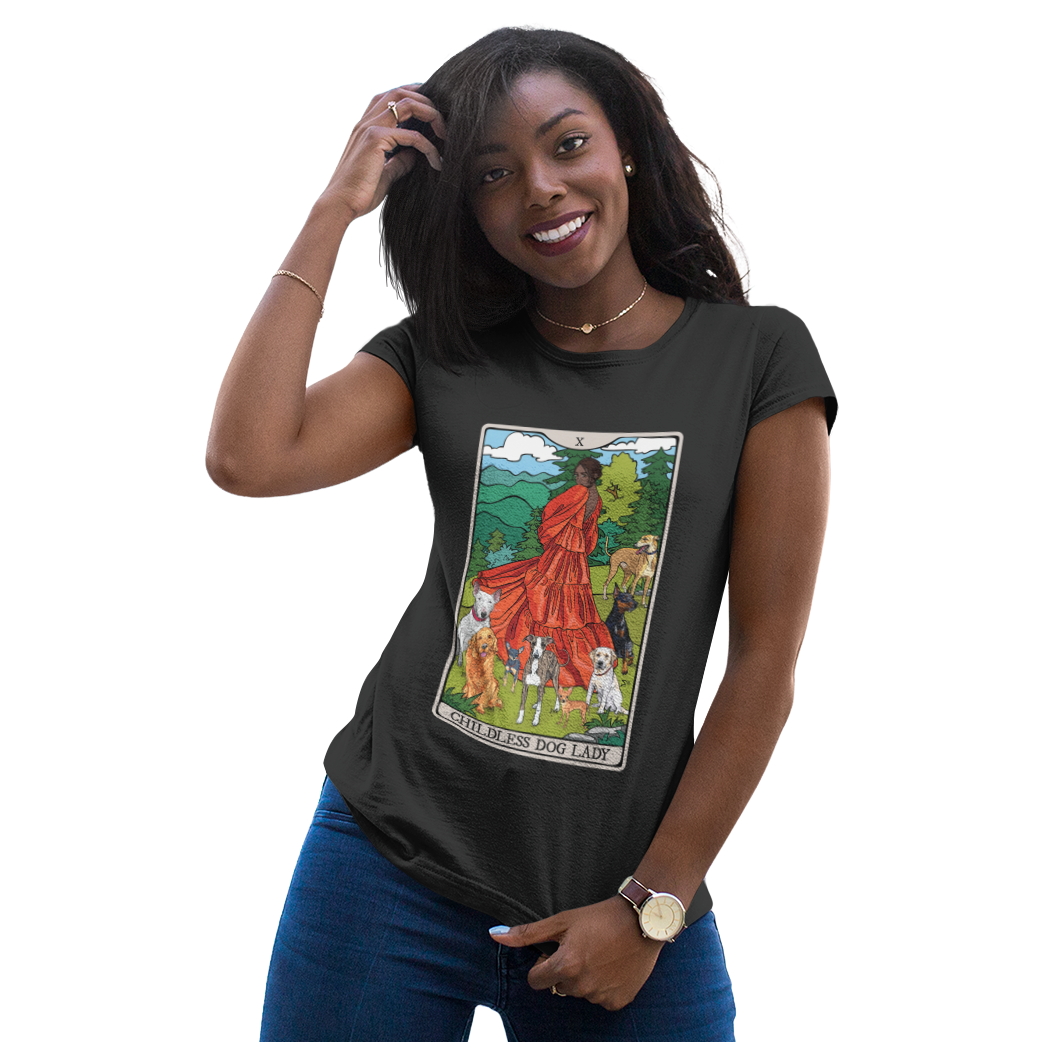 Childless Dog Lady Tarot Card Women's Fitted T-shirt Child-Free Dog Mom Tee with Woman and Dogs Design