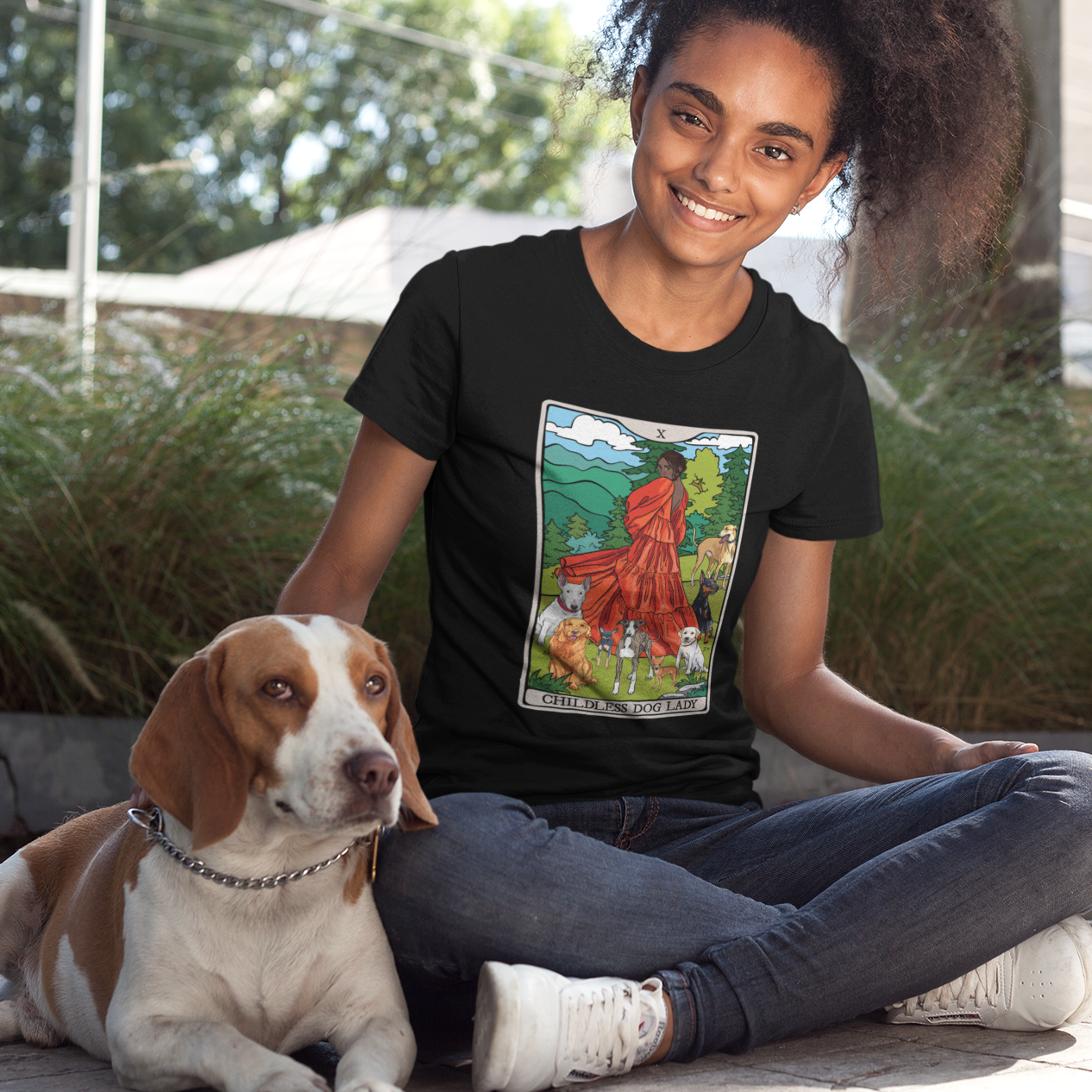 Childless Dog Lady Tarot Card Women's Fitted T-shirt Child-Free Dog Mom Tee with Woman and Dogs Design