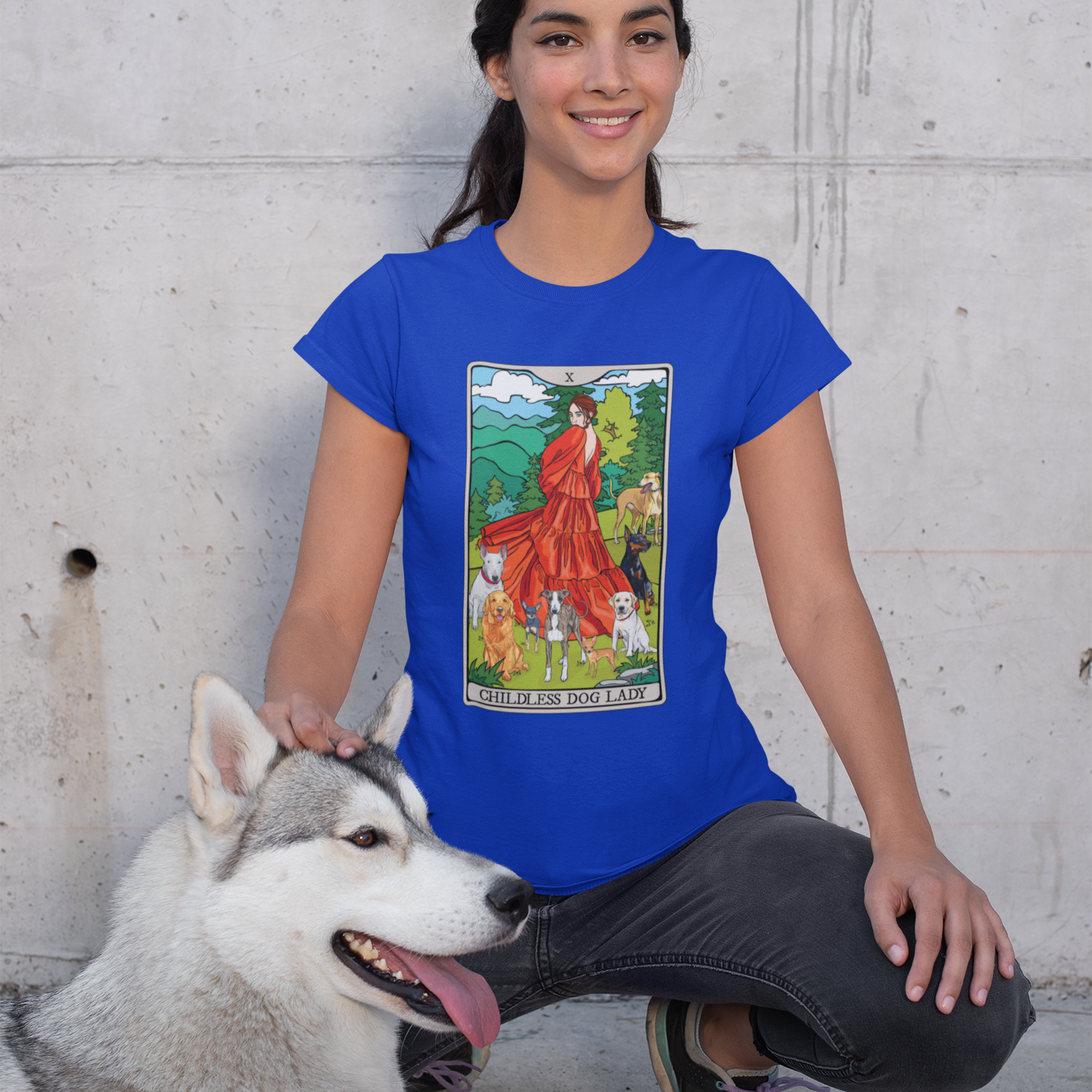 Childless Dog Lady Tarot Card Women's Fitted T-shirt Child-Free Dog Mom Tee with Woman and Dogs Design