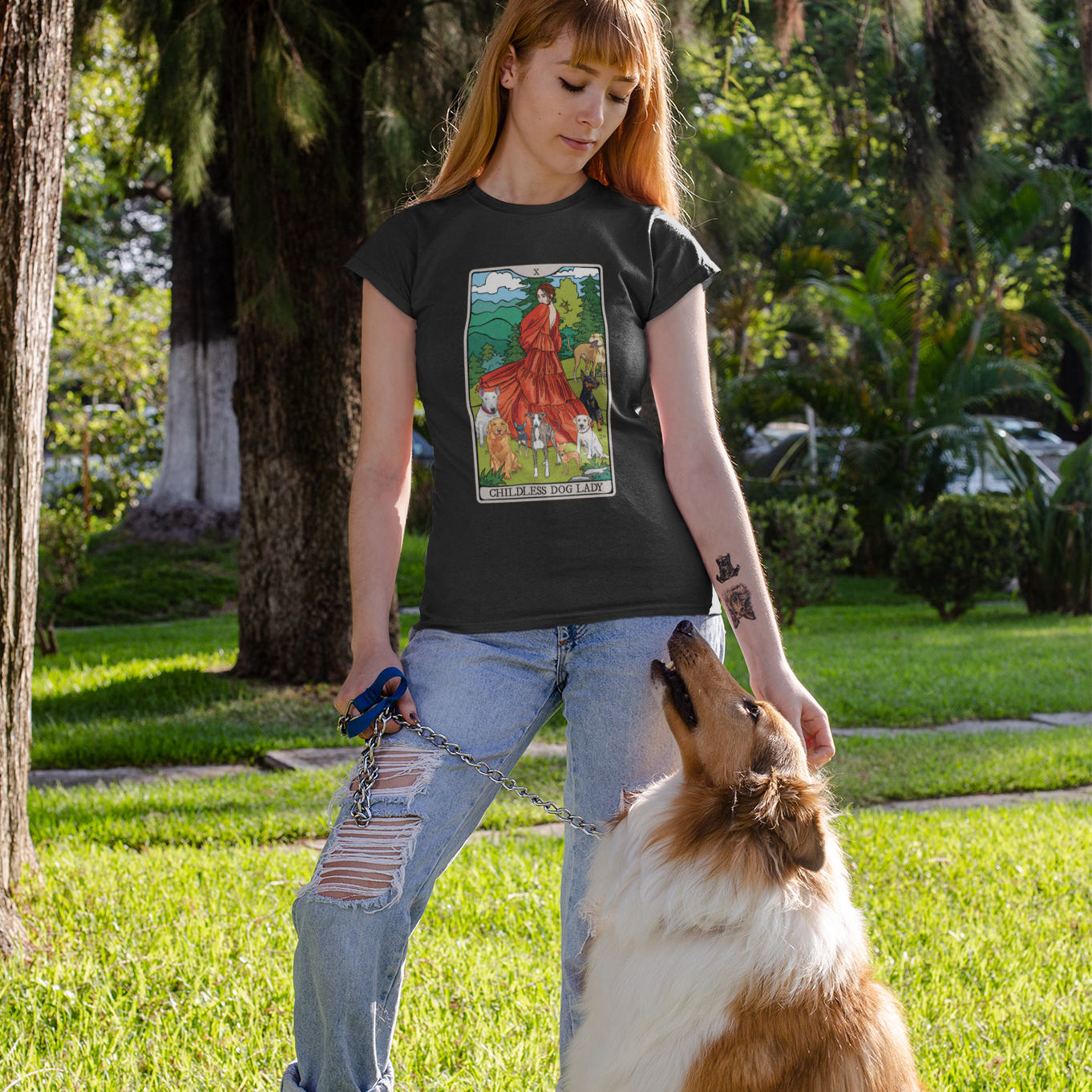 Childless Dog Lady Tarot Card Women's Fitted T-shirt Child-Free Dog Mom Tee with Woman and Dogs Design