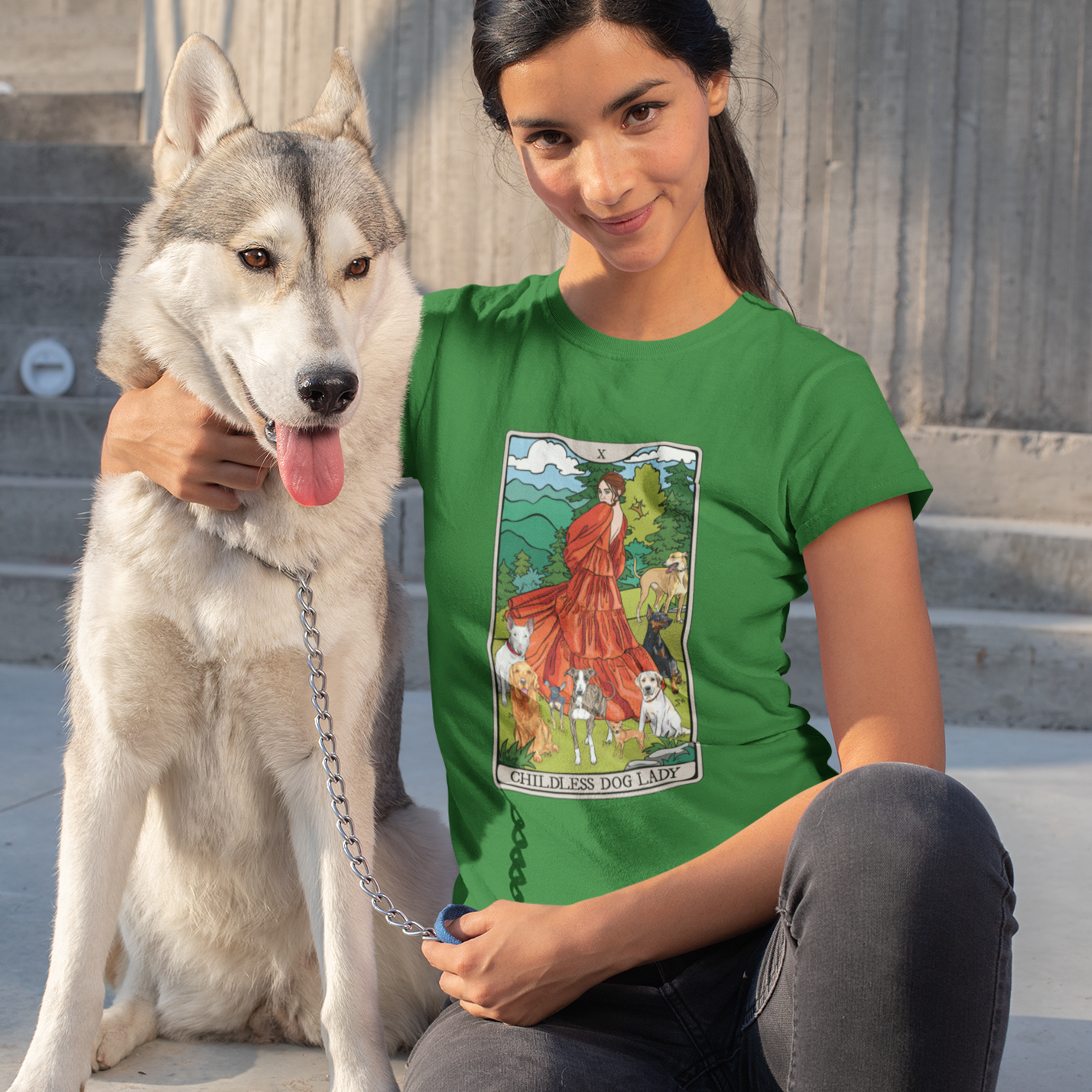 Childless Dog Lady Tarot Card Women's Fitted T-shirt Child-Free Dog Mom Tee with Woman and Dogs Design