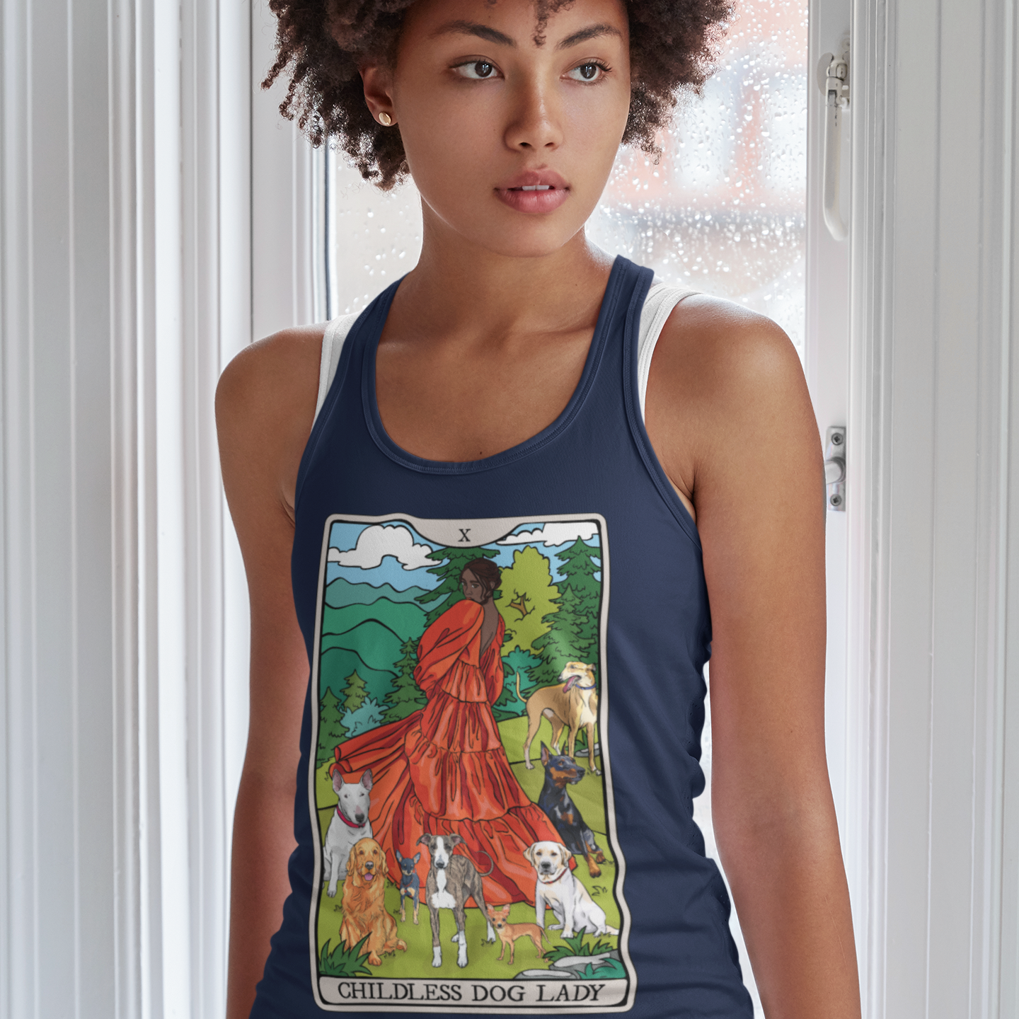 Childless Dog Lady Tarot Card Women's Racerback Tank Top Child-Free Dog Mom Shirt with Woman and Dogs Design