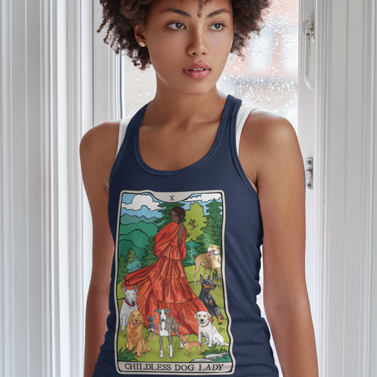 Childless Dog Lady Tarot Card Women's Racerback Tank Top Child-Free Dog Mom Shirt with Woman and Dogs Design