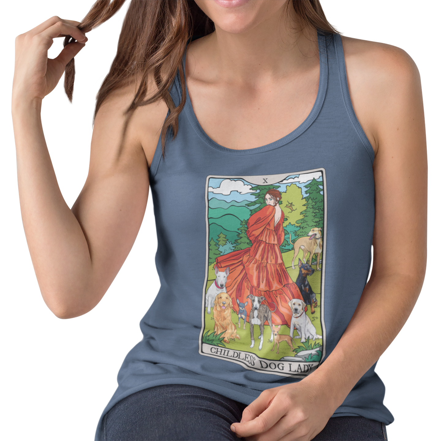 Childless Dog Lady Tarot Card Women's Racerback Tank Top Child-Free Dog Mom Shirt with Woman and Dogs Design