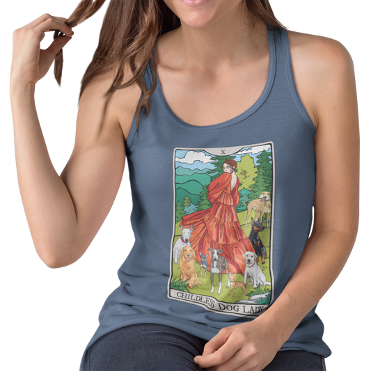 Childless Dog Lady Tarot Card Women's Racerback Tank Top Child-Free Dog Mom Shirt with Woman and Dogs Design