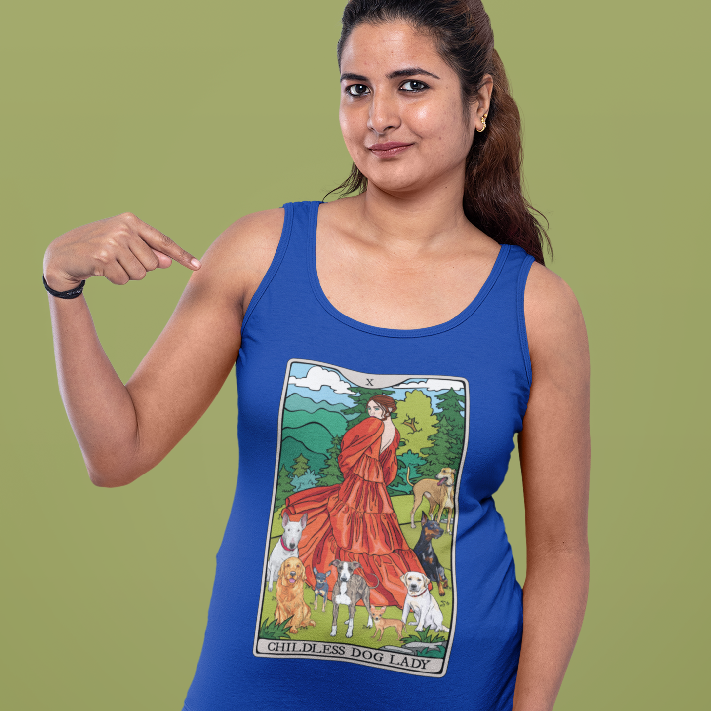 Childless Dog Lady Tarot Card Women's Racerback Tank Top Child-Free Dog Mom Shirt with Woman and Dogs Design