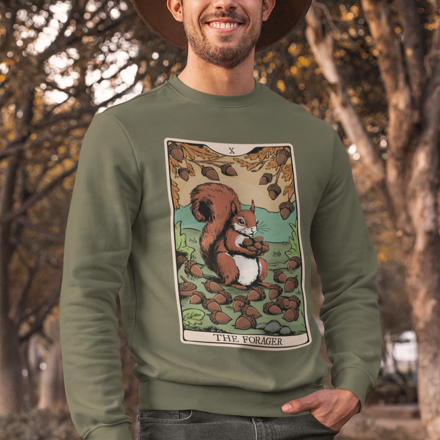 The Forager Squirrel Tarot Card Crewneck Sweatshirt, Long Sleeve Pullover Sweatshirts with Nut Foraging Squirrels Tarot Cards Print