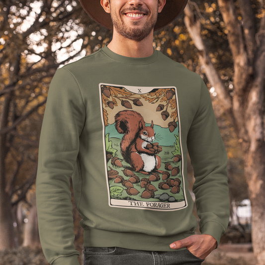 The Forager Squirrel Tarot Card Crewneck Sweatshirt, Long Sleeve Pullover Sweatshirts with Nut Foraging Squirrels Tarot Cards Print