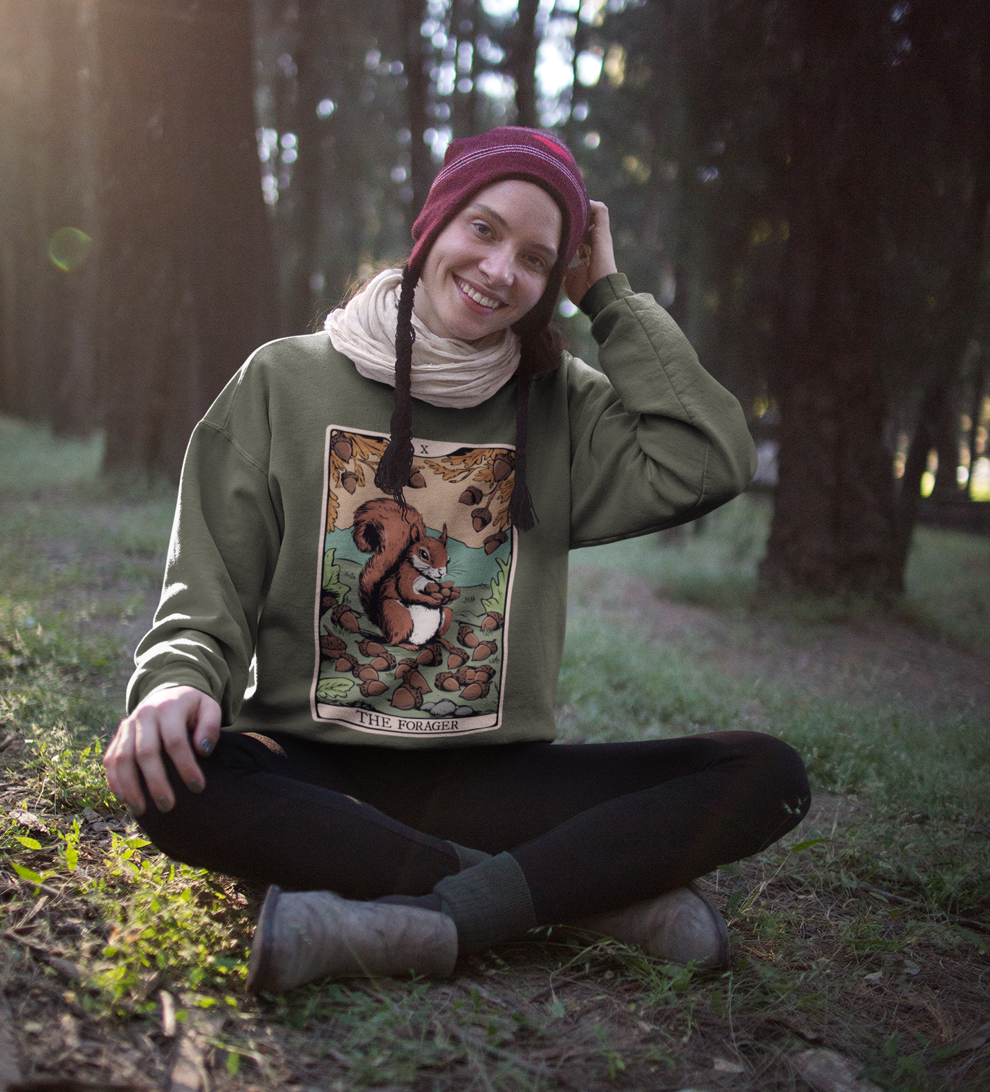 The Forager Squirrel Tarot Card Crewneck Sweatshirt, Long Sleeve Pullover Sweatshirts with Nut Foraging Squirrels Tarot Cards Print