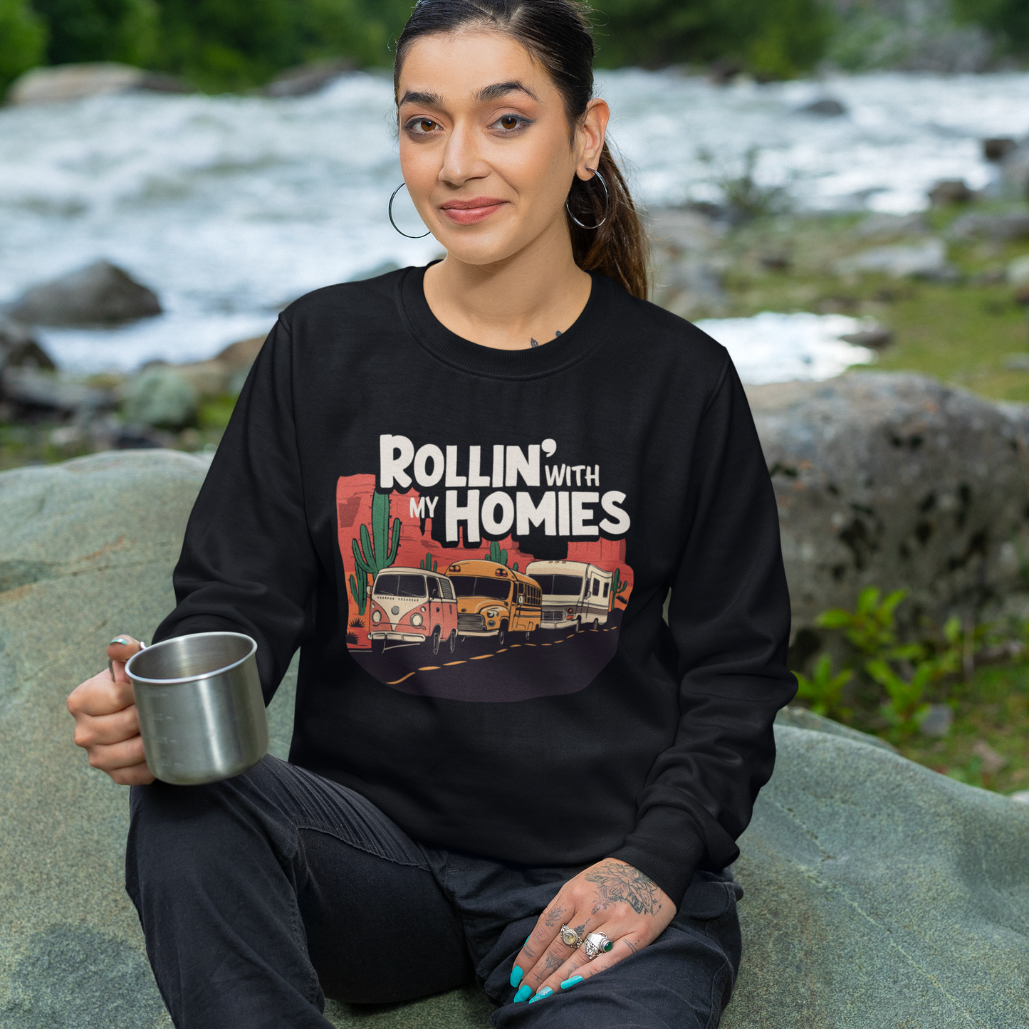 Rollin' With My Homies Sweatshirt Van Skoolie RV Vanlife Caravan in the Desert Black Long Sleeve Crewneck Sweatshirts Pullover Sweater