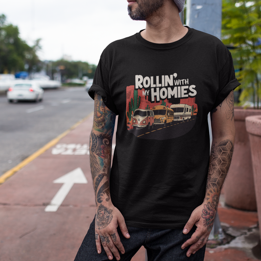 Rollin' With My Homies Van Skoolie RV Vanlife Caravan in the Desert T-shirt Unisex Garment-Dyed Tee