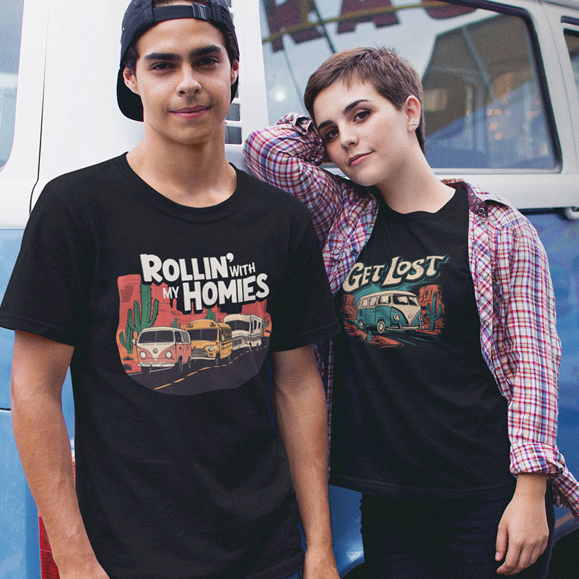 Rollin' With My Homies Van Skoolie RV Vanlife Caravan in the Desert T-shirt Unisex Garment-Dyed Tee