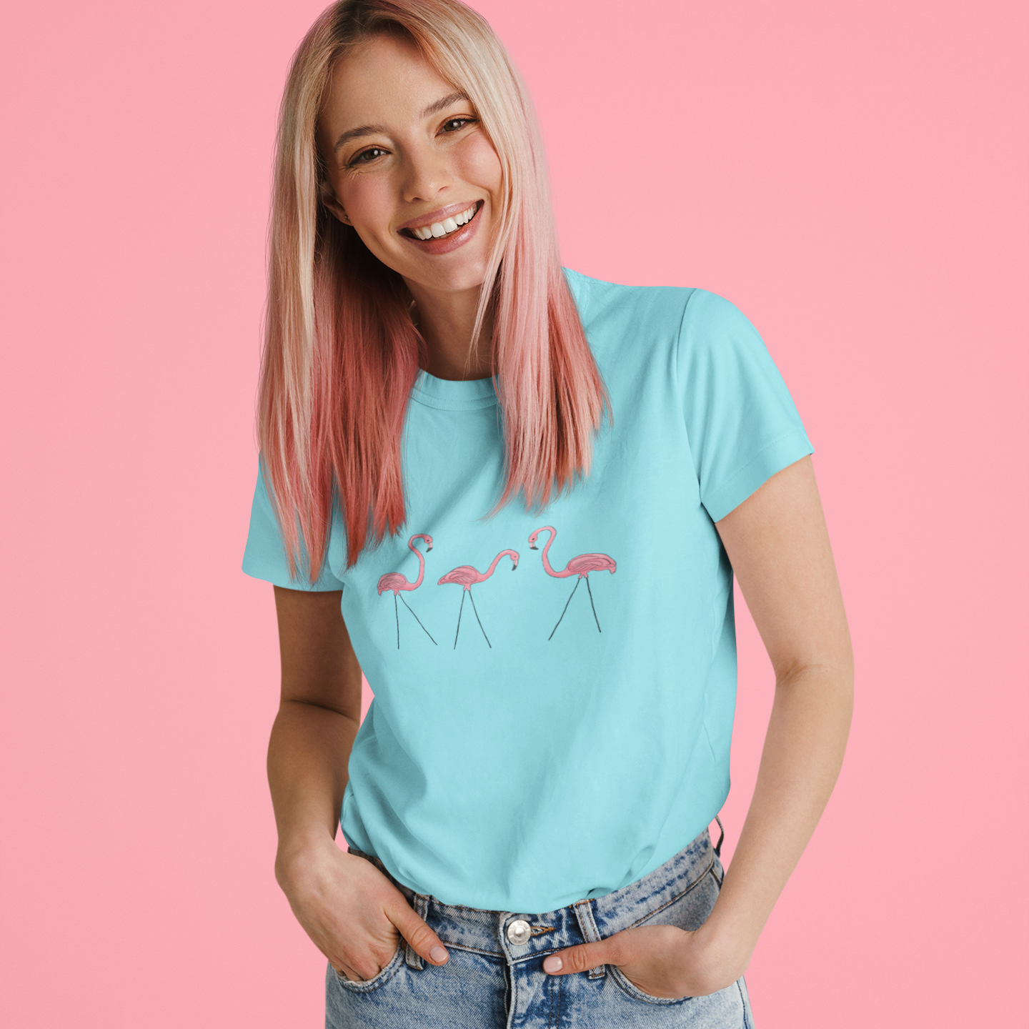 Pink Plastic Lawn Flamingos Soft T-shirt Unisex Cotton T-Shirt Womens Mens Shirt Flamingo Design