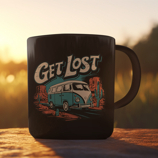 Get Lost Vintage Van Vanlife Utah Arizona Desert Roadtrip Black Coffee Mug 11oz with Retro Camper Print