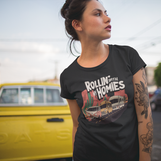 Rollin' With My Homies Van Skoolie RV Vanlife Caravan in the Desert Soft Fitted T-shirt Women's Soft Tee