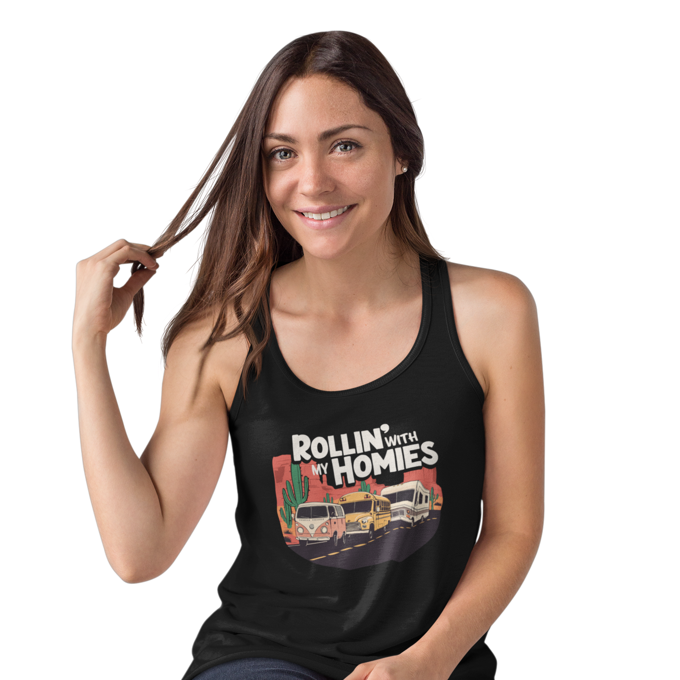 Rollin' With My Homies Van Skoolie RV Vanlife Caravan in the Desert Tank Top Women's Ideal Racerback Tank